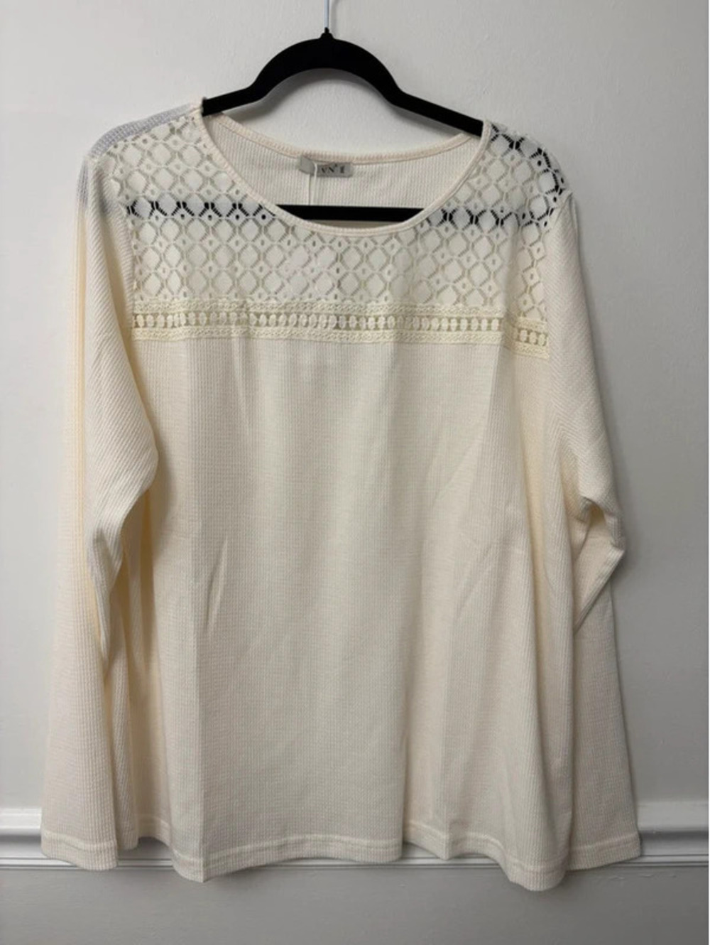Ivory Waffle Knit Lace Yoke Long Sleeve Top 3XL NWT